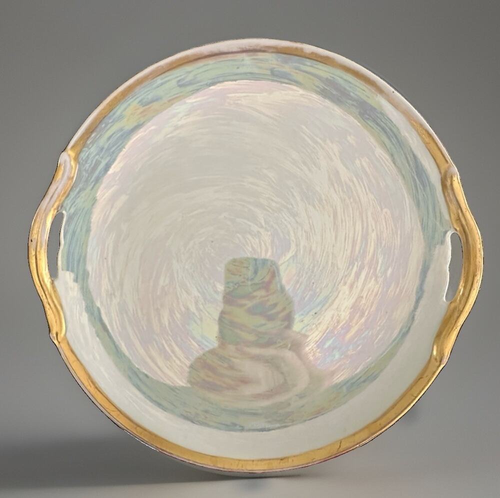 Vintage German Iridescent Luster Ware Porcelain Handled Serving Plate Gold Trim